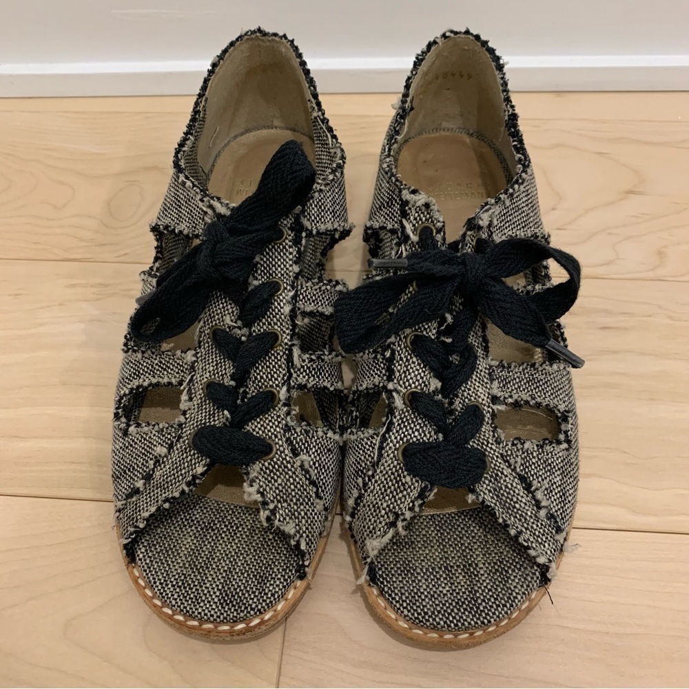 Stuart Weitzman Woven Open Toe Lace-Up Flats Sandals Boho Linen Burlap - Picture 3 of 9